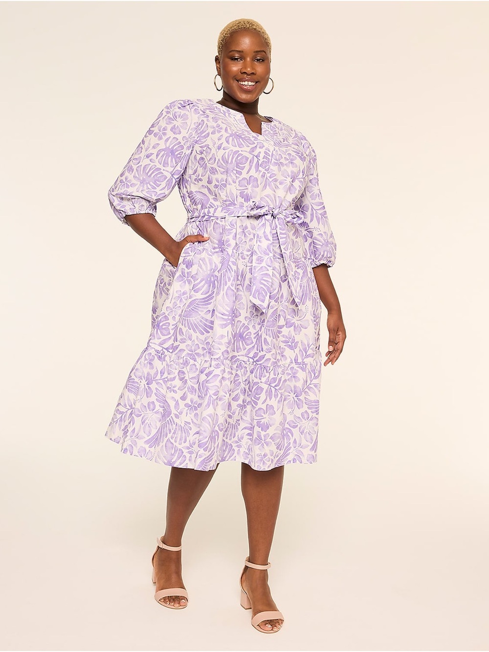 Lane Bryant Lavender Floral Belted Midi Dress